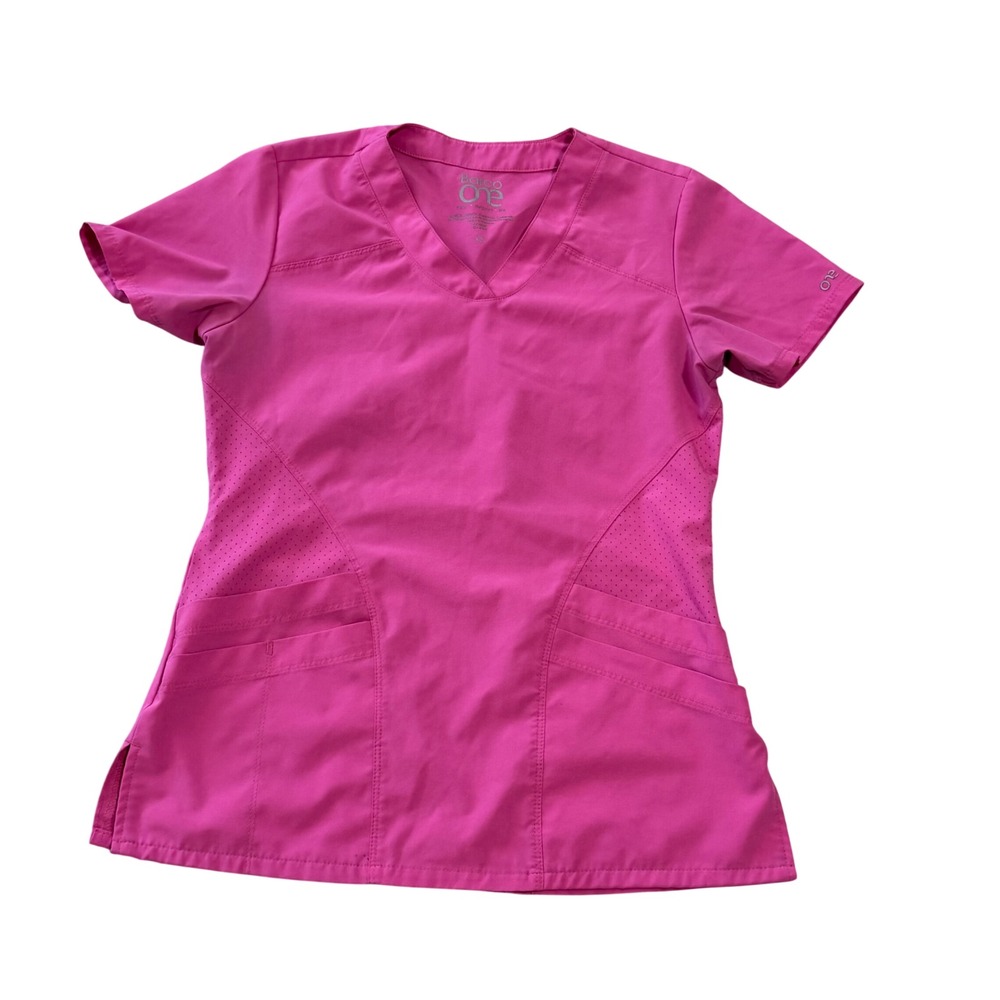 Barco One Pink V-Neck 4-Pocket Scrub Top XS Perforated Panels 5106